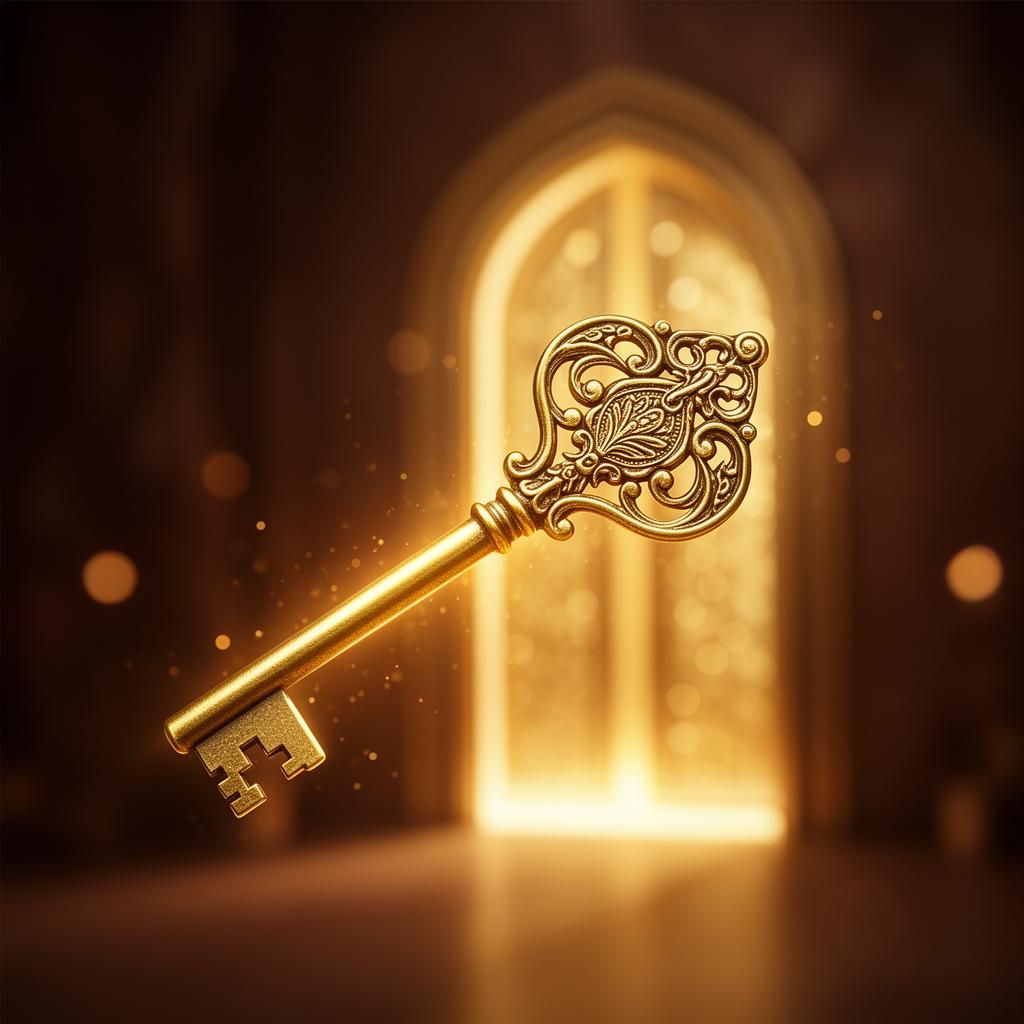 Chave dourada antiga brilhando em direção a um portal dourado, com fundo desfocado em tons de cacau — símbolo da expansão e reconexão do HeartFeminine