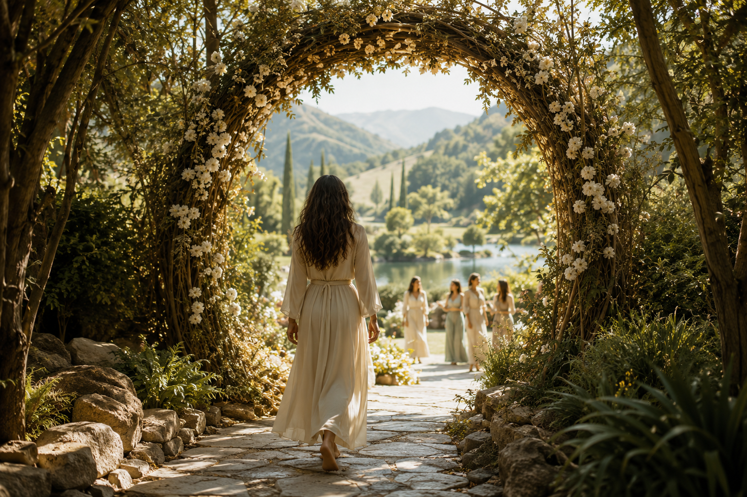 Mulher caminhando por um portal de flores em direção a um lago e montanhas, em paisagem serena e luminosa