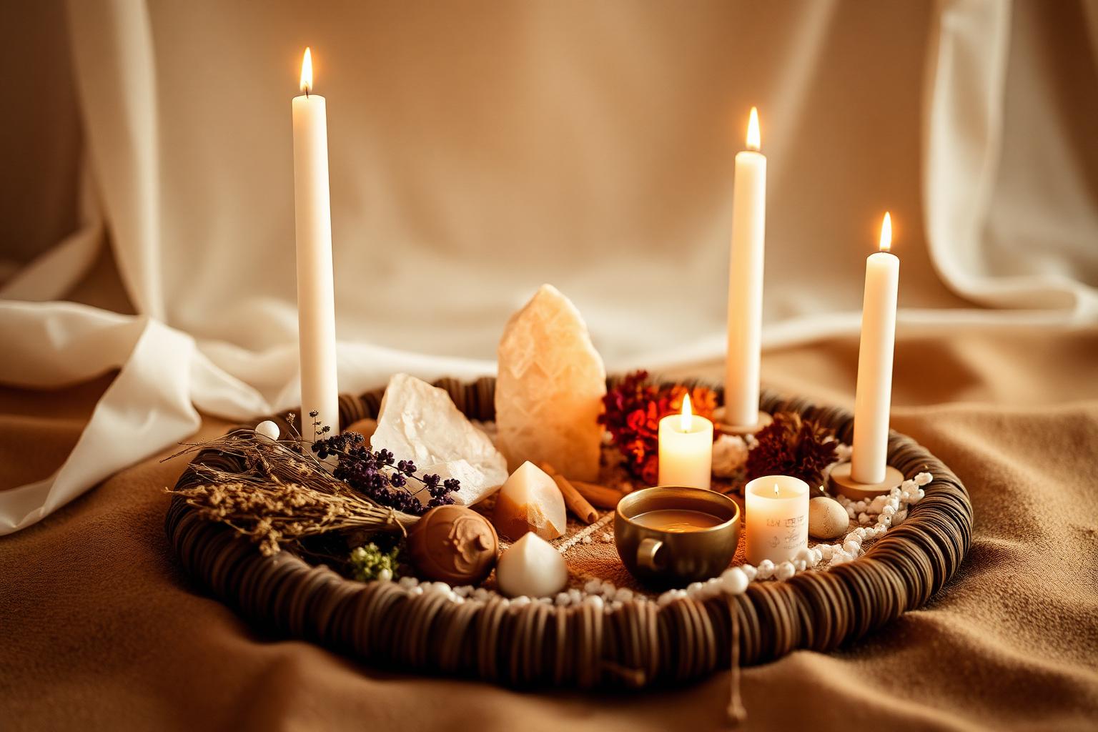 Altar sagrado com velas e cristais — Alinhamento Divino